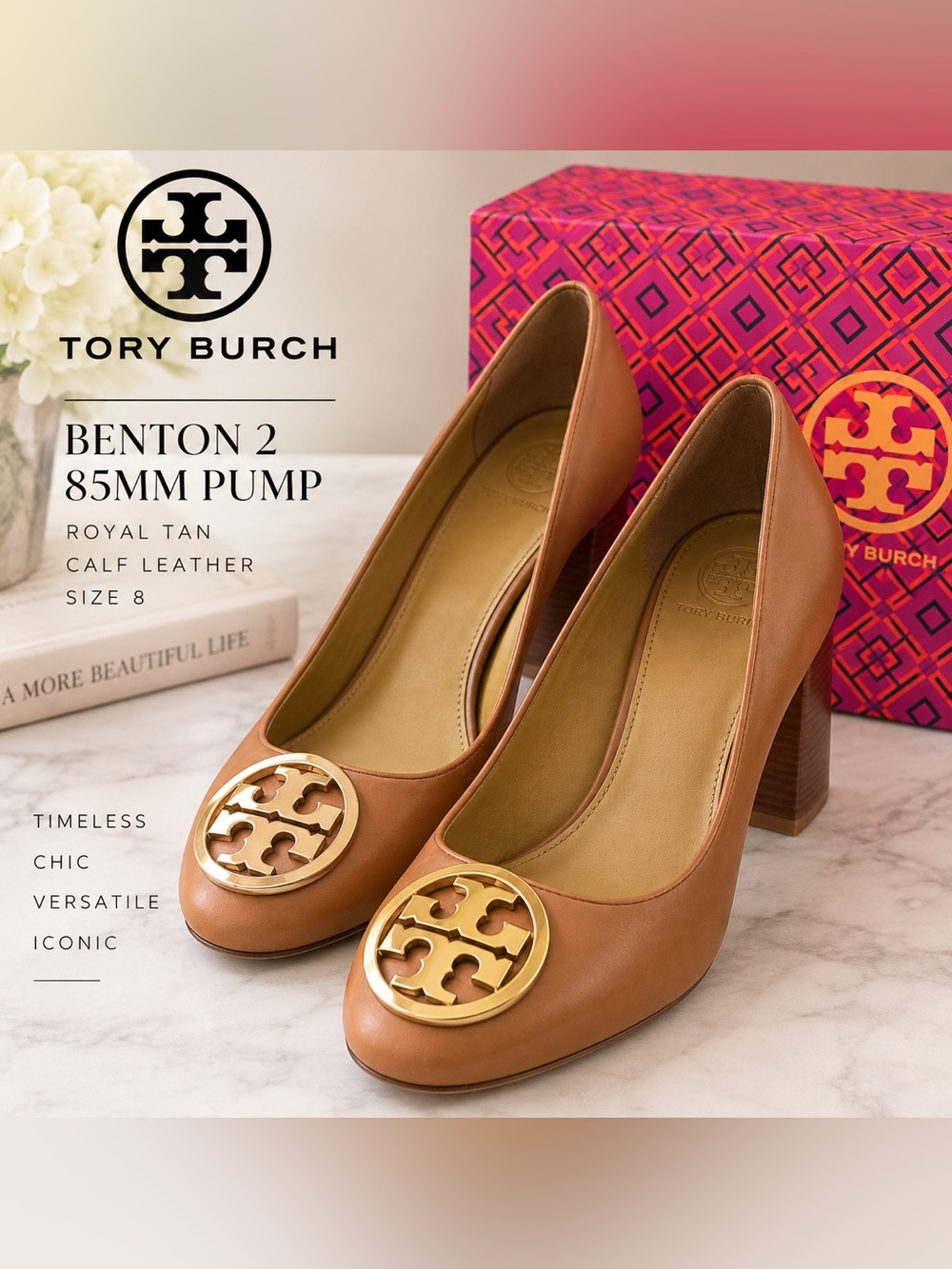 Tory Burch Benton 2 85mm Royal Tan Leather Pumps Size 8